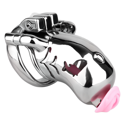 Metal Fishmouth Chastity Cage with Anti-Drop Ring and Realistic Pussy Pee Tube