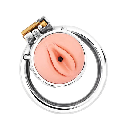 Multi-Use Metal Flat Chastity Cage with Fake Pussy and Catheter and PU Belt