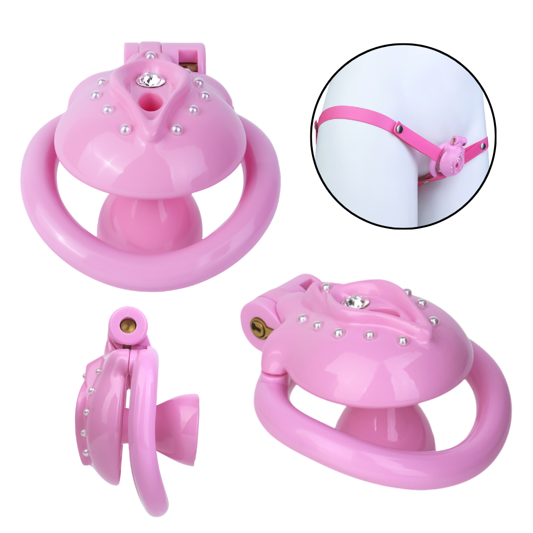 Pink Sparkly Inverted Chastity Cage for Sissies - ChastityBondage