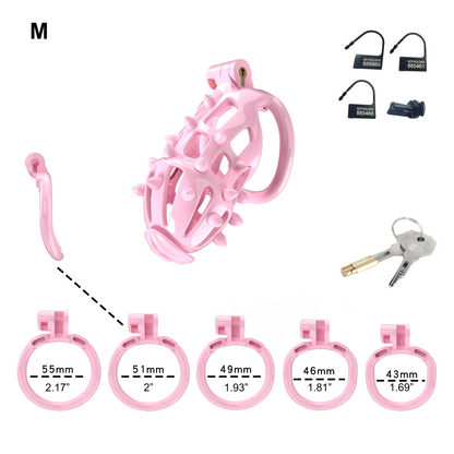 Pink Chastity Cage with Removable Silicone Spikes and 5 Size Penis Rings - ChastityBondage