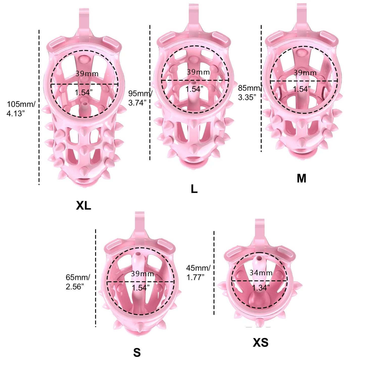 Pink Chastity Cage with Removable Silicone Spikes and 5 Size Penis Rings - ChastityBondage