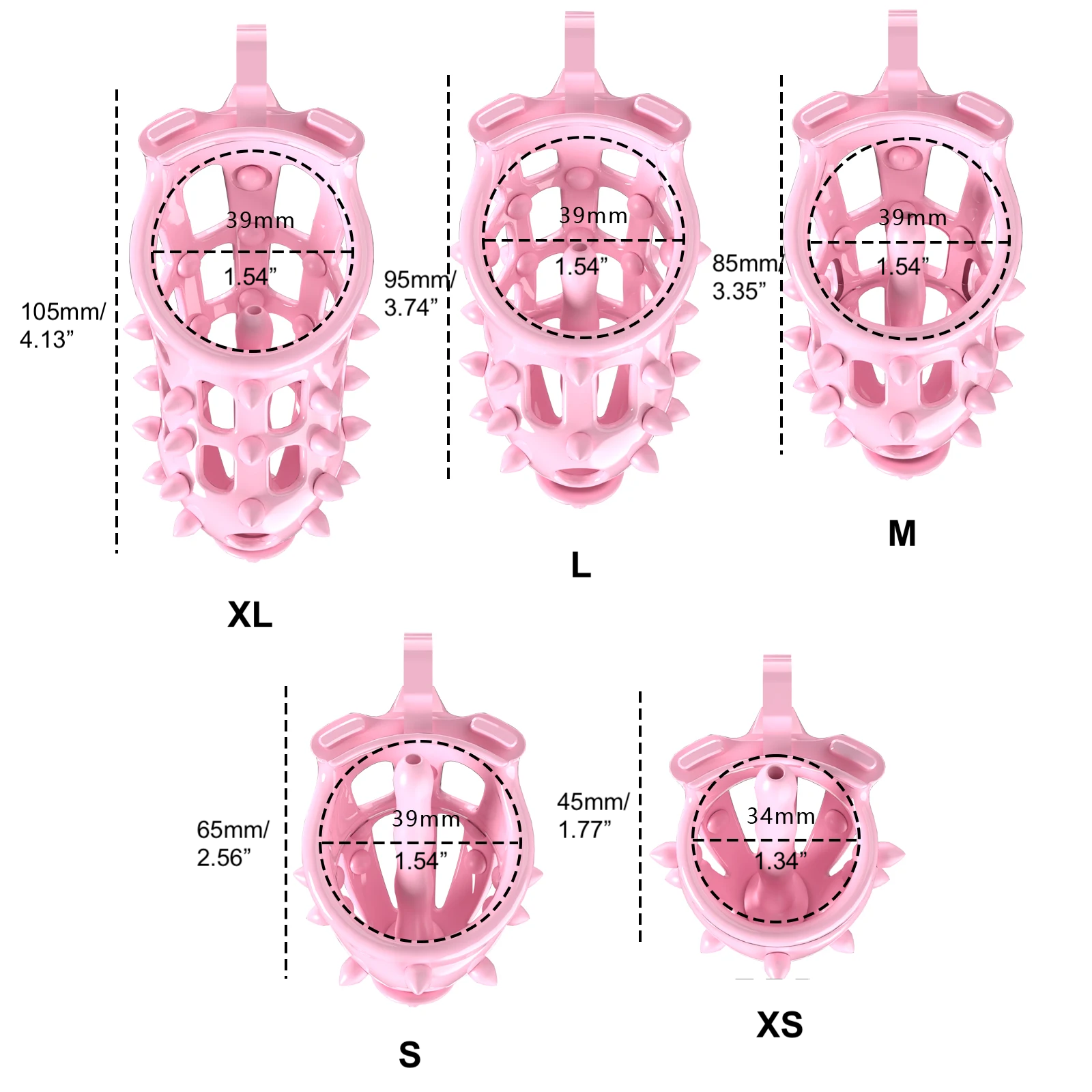 Pink Chastity Cage with Removable Silicone Spikes and 5 Size Penis Rings - ChastityBondage