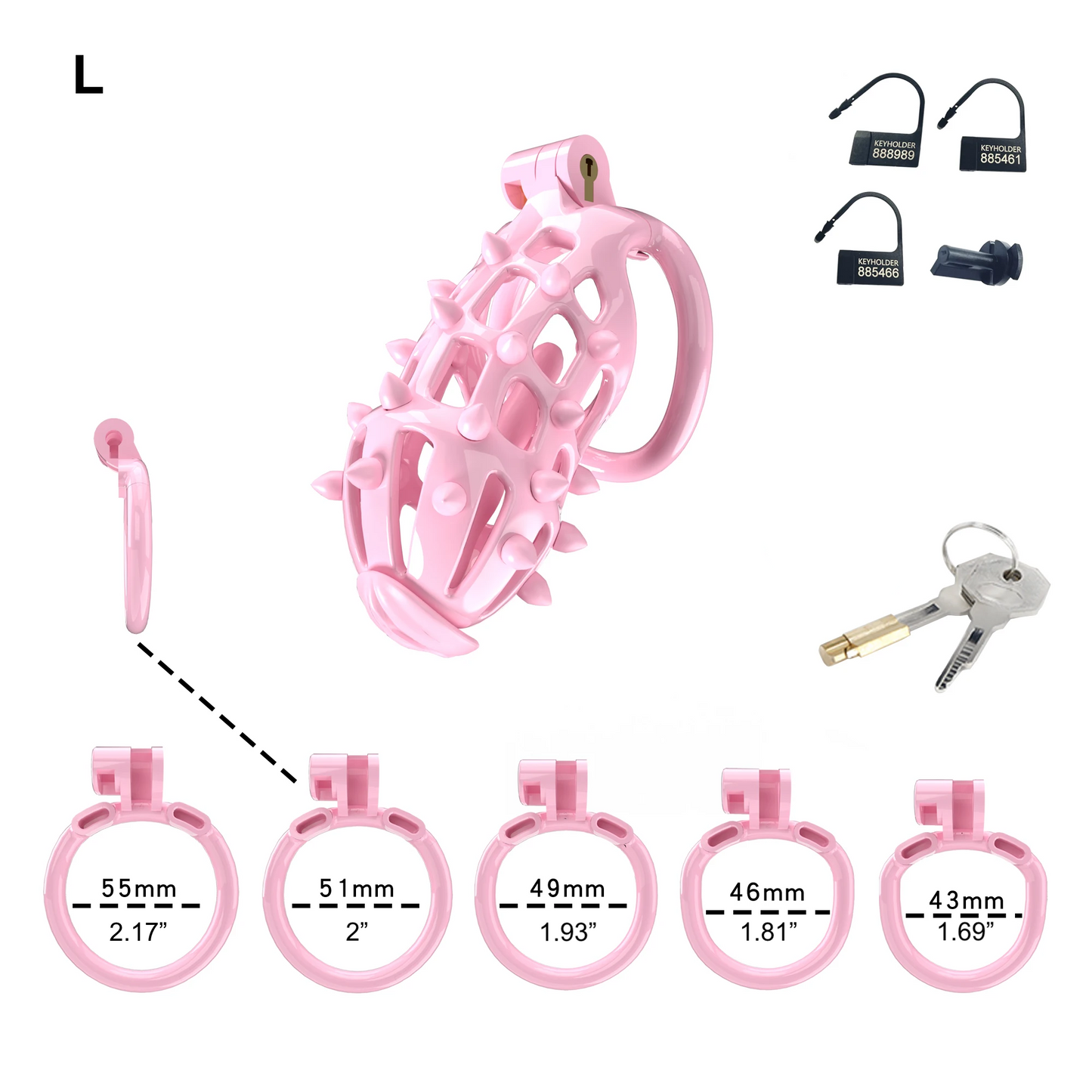Pink Chastity Cage with Removable Silicone Spikes and 5 Size Penis Rings - ChastityBondage
