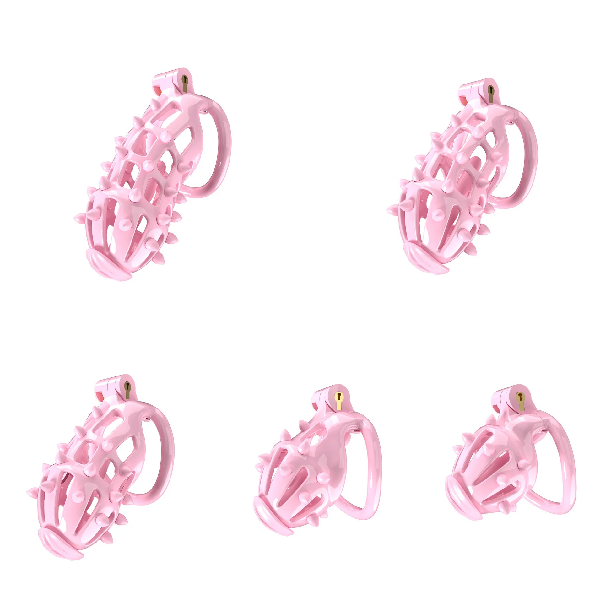 Pink Chastity Cage with Removable Silicone Spikes and 5 Size Penis Rings - ChastityBondage