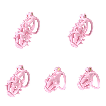 Pink Chastity Cage with Removable Silicone Spikes and 5 Size Penis Rings - ChastityBondage