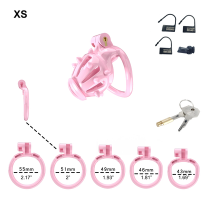 Pink Chastity Cage with Removable Silicone Spikes and 5 Size Penis Rings - ChastityBondage