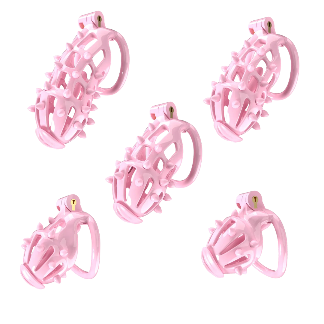 Pink Chastity Cage with Removable Silicone Spikes and 5 Size Penis Rings - ChastityBondage