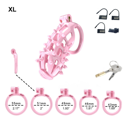 Pink Chastity Cage with Removable Silicone Spikes and 5 Size Penis Rings - ChastityBondage