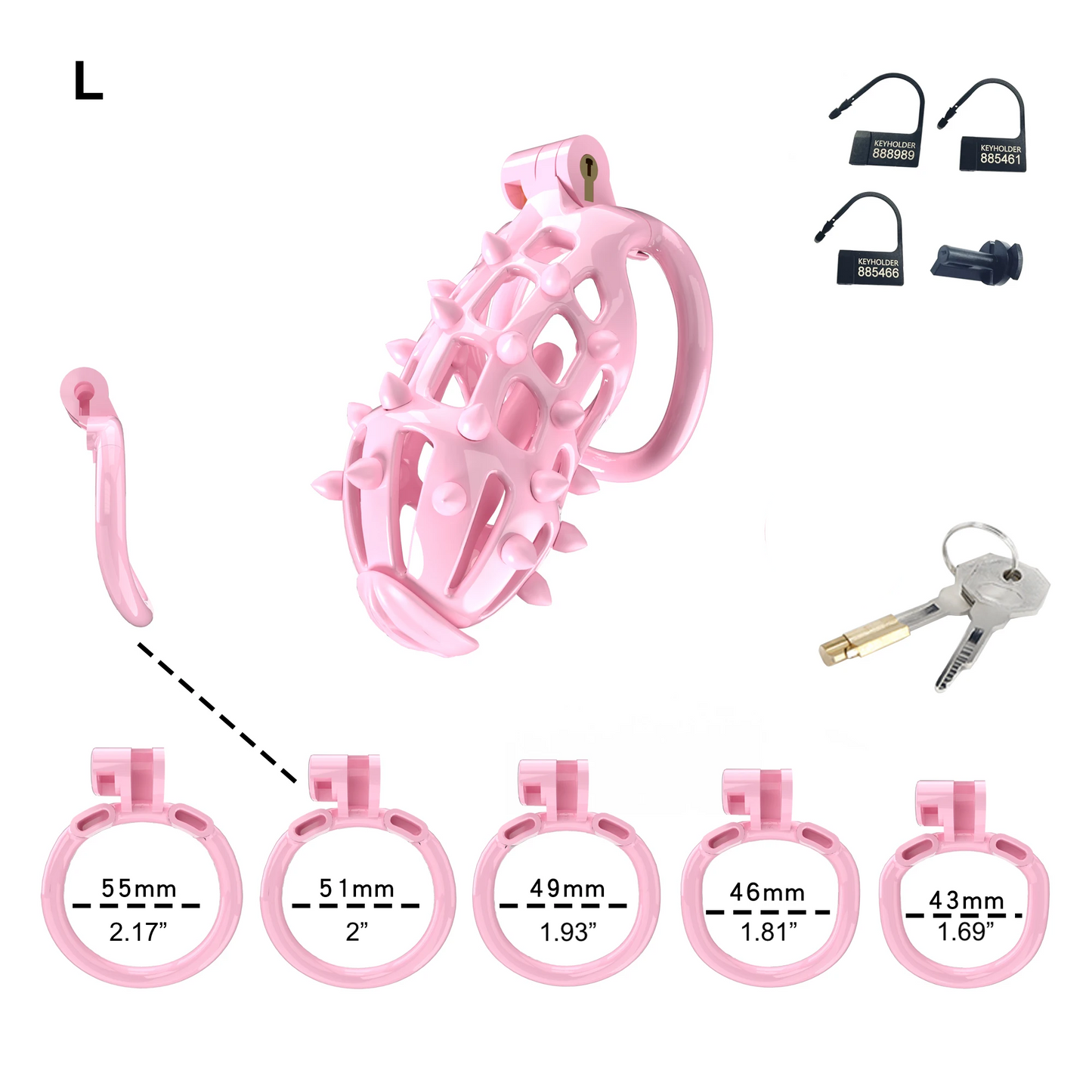 Pink Chastity Cage with Removable Silicone Spikes and 5 Size Penis Rings - ChastityBondage