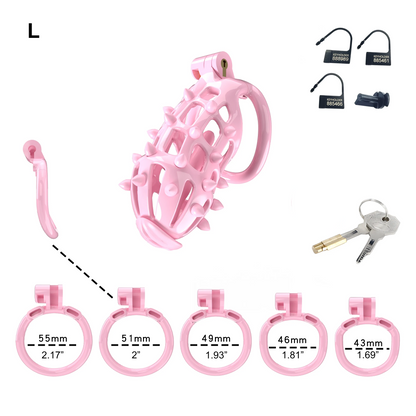 Pink Chastity Cage with Removable Silicone Spikes and 5 Size Penis Rings - ChastityBondage