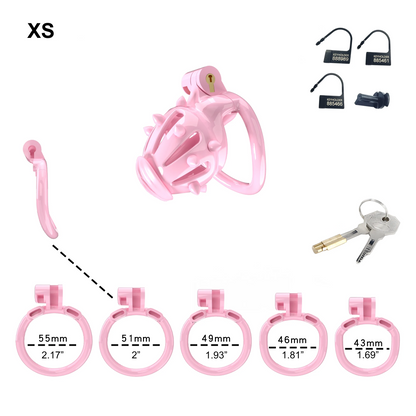 Pink Chastity Cage with Removable Silicone Spikes and 5 Size Penis Rings - ChastityBondage