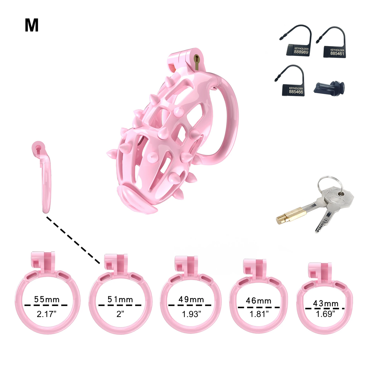 Pink Chastity Cage with Removable Silicone Spikes and 5 Size Penis Rings - ChastityBondage