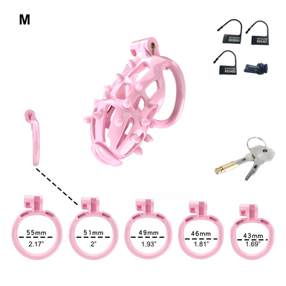 Pink Chastity Cage with Removable Silicone Spikes and 5 Size Penis Rings - ChastityBondage