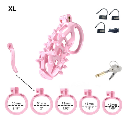 Pink Chastity Cage with Removable Silicone Spikes and 5 Size Penis Rings - ChastityBondage