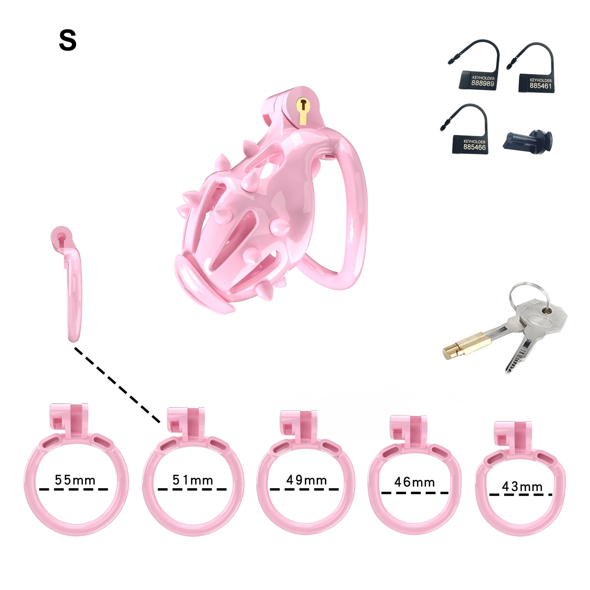 Pink Chastity Cage with Removable Silicone Spikes and 5 Size Penis Rings - ChastityBondage