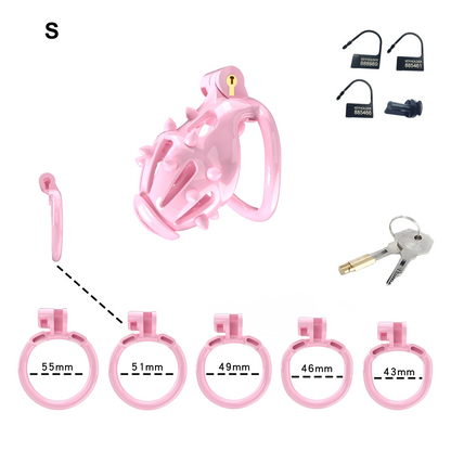 Pink Chastity Cage with Removable Silicone Spikes and 5 Size Penis Rings - ChastityBondage