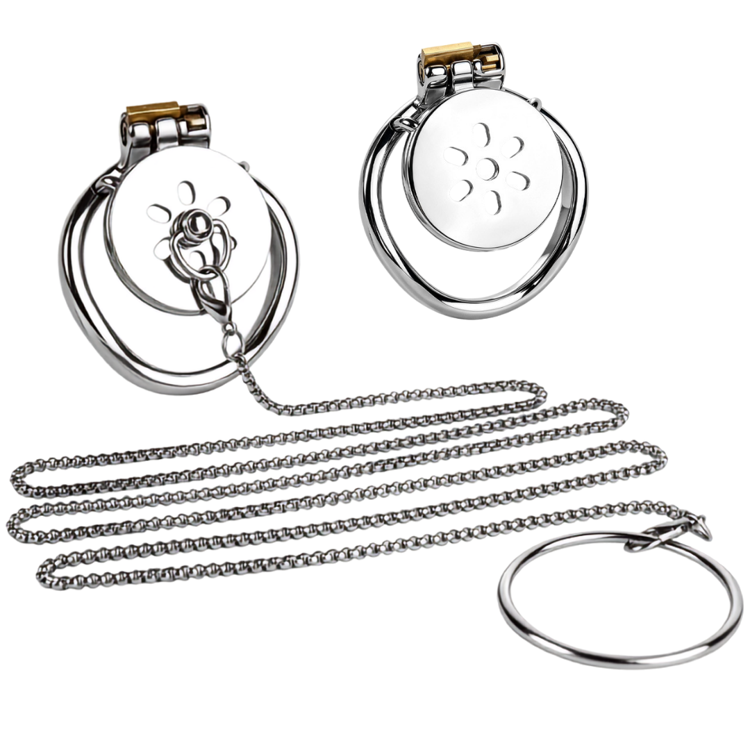 Metal Flat Chastity Cage with Detachable Chain Leash for Men