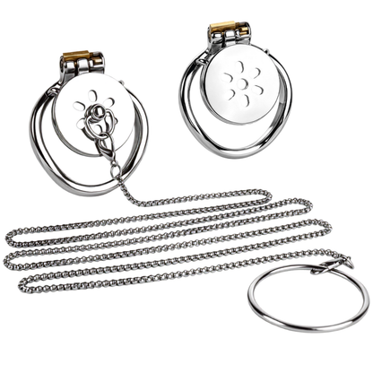 Metal Flat Chastity Cage with Detachable Chain Leash for Men