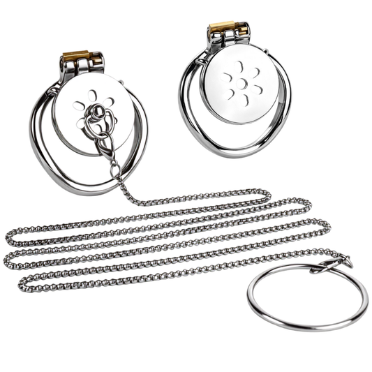 Metal Flat Chastity Cage with Detachable Chain Leash for Men
