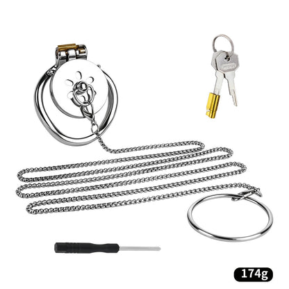 Metal Flat Chastity Cage with Detachable Chain Leash for Men