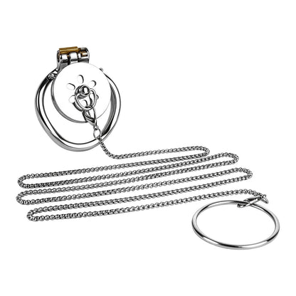 Metal Flat Chastity Cage with Detachable Chain Leash for Men