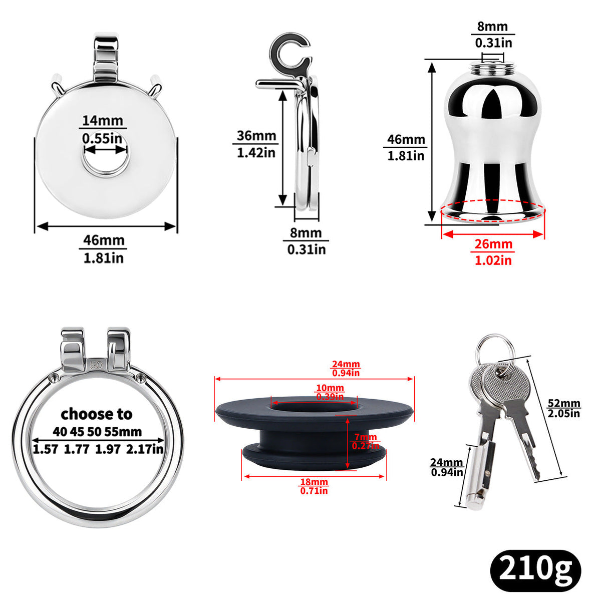 Flat & Inverted  Stainless Steel Chastity Cage - Small to Large Inverted Plugs