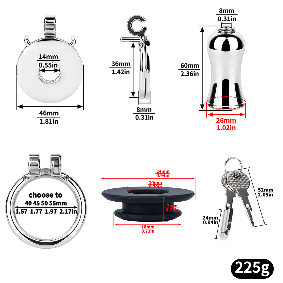 Flat & Inverted  Stainless Steel Chastity Cage - Small to Large Inverted Plugs