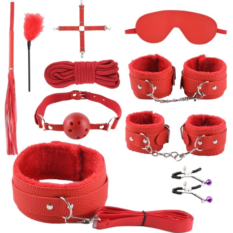 10 Pcs/set PU Leather BDSM Kit - Bondage Set Hand Cuffs Footcuff Whip Rope  Blindfold