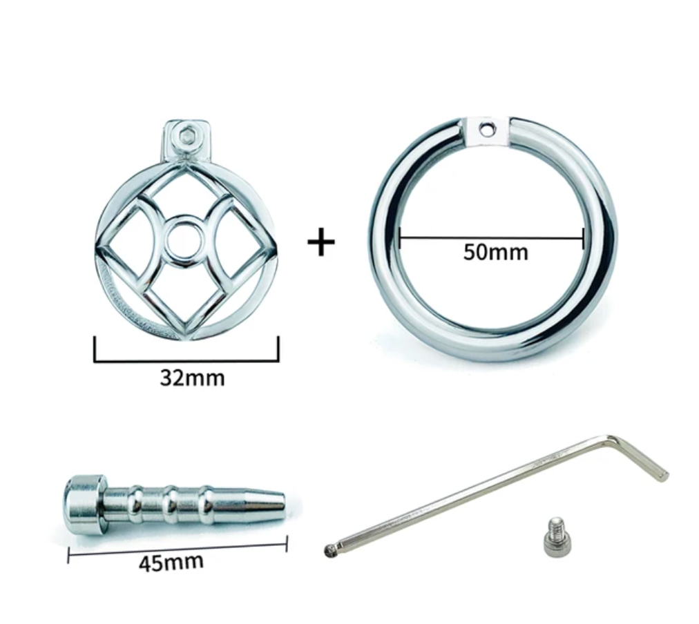 small chastity cage with metal urethral catheter tube