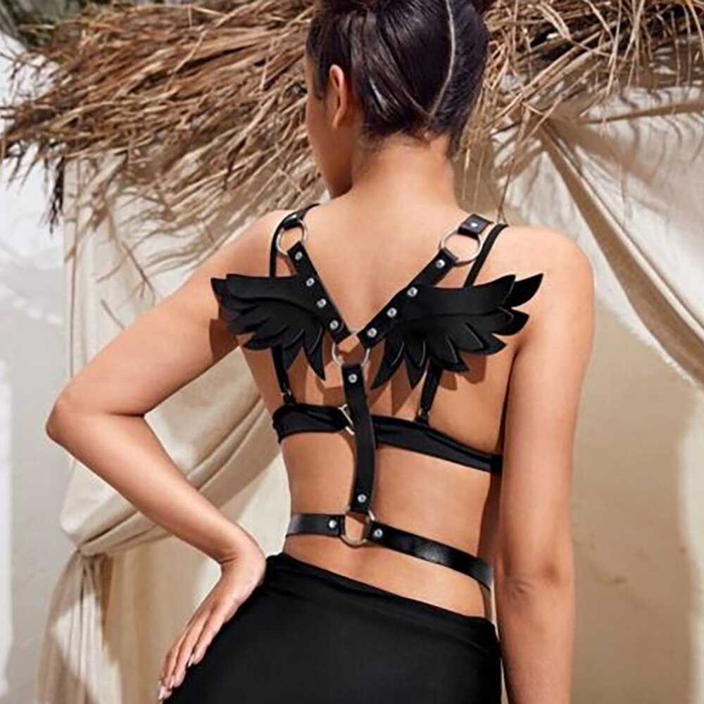 Leather Body Harness For Women: Angle Wing Lingerie Bra with Belt for BDSM - ChastityBondage