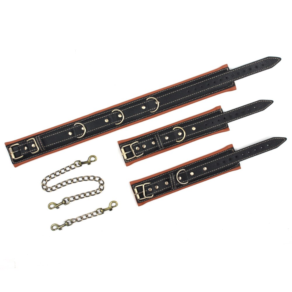 BDSM Slave Restraints Set: Collar, Wrist Cuffs, Handcuffs, and Harness Belt for Kinky Bondage Play - ChastityBondage