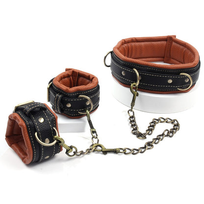 BDSM Slave Restraints Set: Collar, Wrist Cuffs, Handcuffs, and Harness Belt for Kinky Bondage Play - ChastityBondage