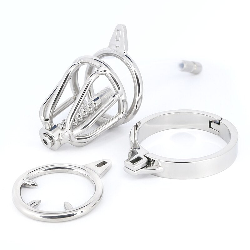Spiked Metal Chastity Cage with Urethral Catheter - Male Chastity Device - ChastityBondage