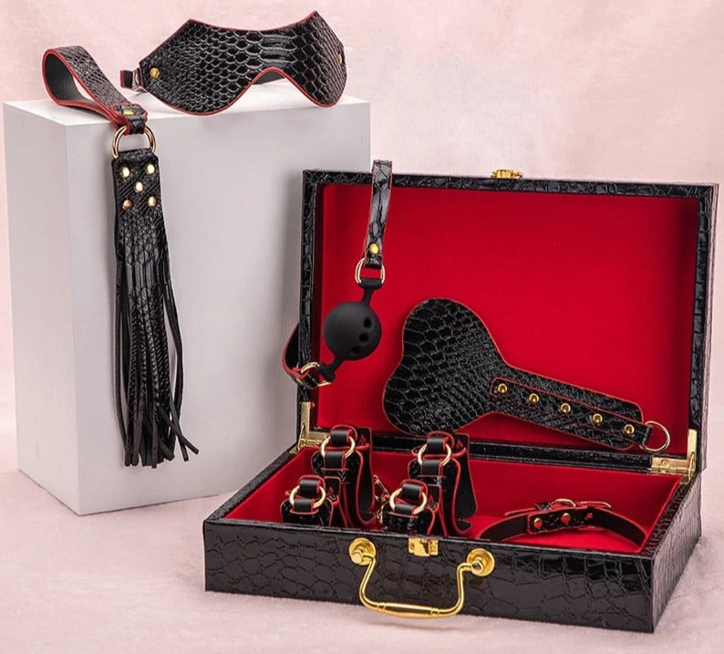 Luxury Bondage Kit - 9 pcs PU Leather BDSM Gears For Punishment and Slave Play - ChastityBondage