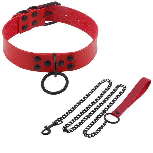 Bondage Collar with Slave Leash: Steel Dog Chain Rivet Choker for BDSM Role Play - ChastityBondage