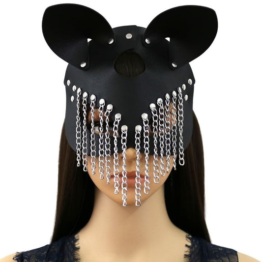 Sexy Leather Half Face Mask with Tassels for Women: Fox Cosplay, Halloween Party, Masquerade Ball, Punk Collar - ChastityBondage