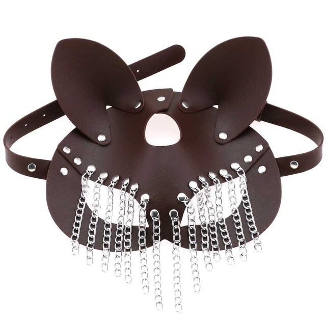 Sexy Leather Half Face Mask with Tassels for Women: Fox Cosplay, Halloween Party, Masquerade Ball, Punk Collar - ChastityBondage