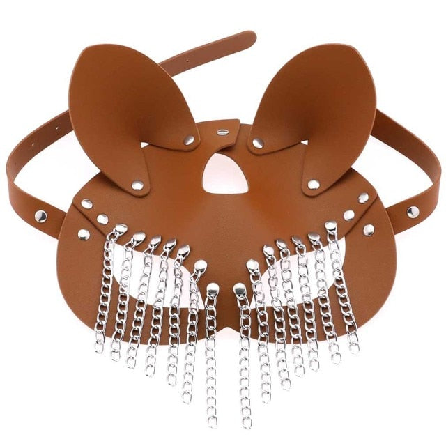 Sexy Leather Half Face Mask with Tassels for Women: Fox Cosplay, Halloween Party, Masquerade Ball, Punk Collar - ChastityBondage