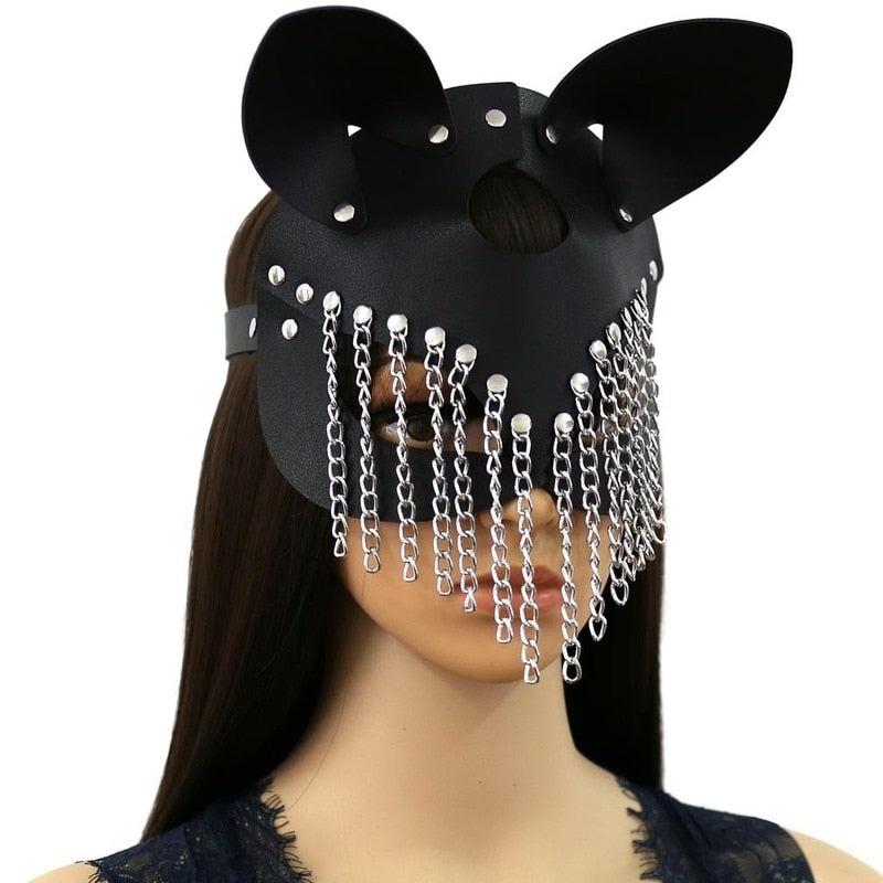 Sexy Leather Half Face Mask with Tassels for Women: Fox Cosplay, Halloween Party, Masquerade Ball, Punk Collar - ChastityBondage