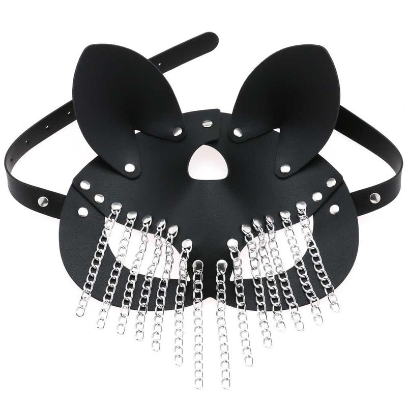 Sexy Leather Half Face Mask with Tassels for Women: Fox Cosplay, Halloween Party, Masquerade Ball, Punk Collar - ChastityBondage