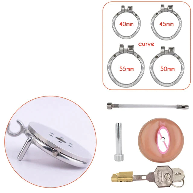 Multi-Use Metal Flat Chastity Cage with Fake Pussy and Catheter and PU Belt