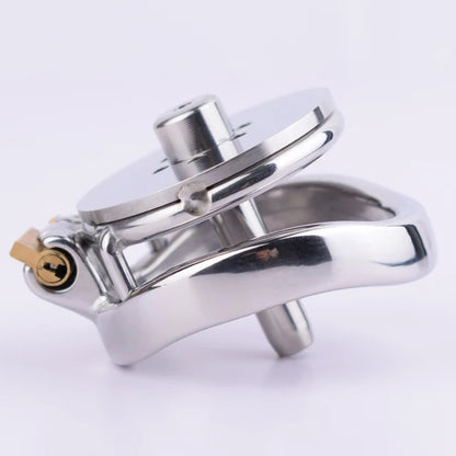 Multi-Use Metal Flat Chastity Cage with Fake Pussy and Catheter and PU Belt