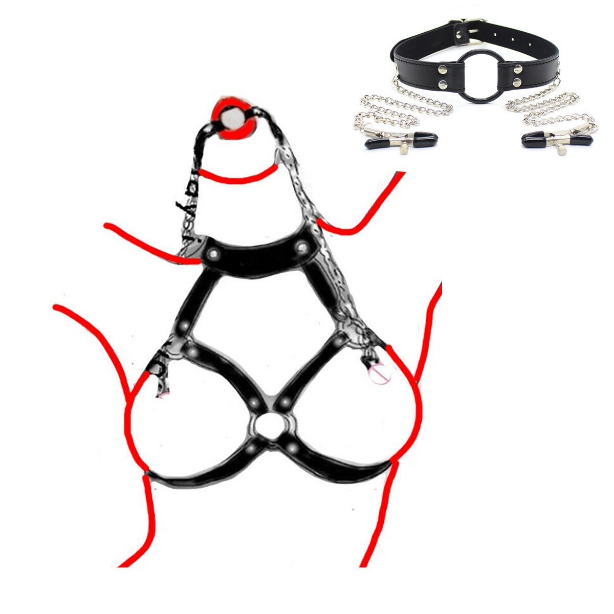 Faux Leather Body Harness Restraint O Ring Open Mouth Gag Cupless Chastity Bra Collar Nipple Clamps Sexy Women Erotic Lingerie - ChastityBondage