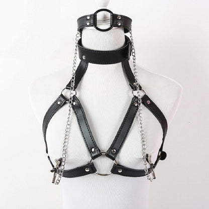 Faux Leather Body Harness Restraint O Ring Open Mouth Gag Cupless Chastity Bra Collar Nipple Clamps Sexy Women Erotic Lingerie - ChastityBondage