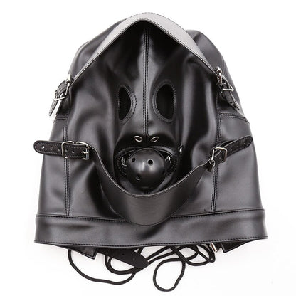 BDSM Full-Cover Head Harness Hood with Open Mouth Ball Gag: Leather Slave Headgear for Adult Sex Play - ChastityBondage