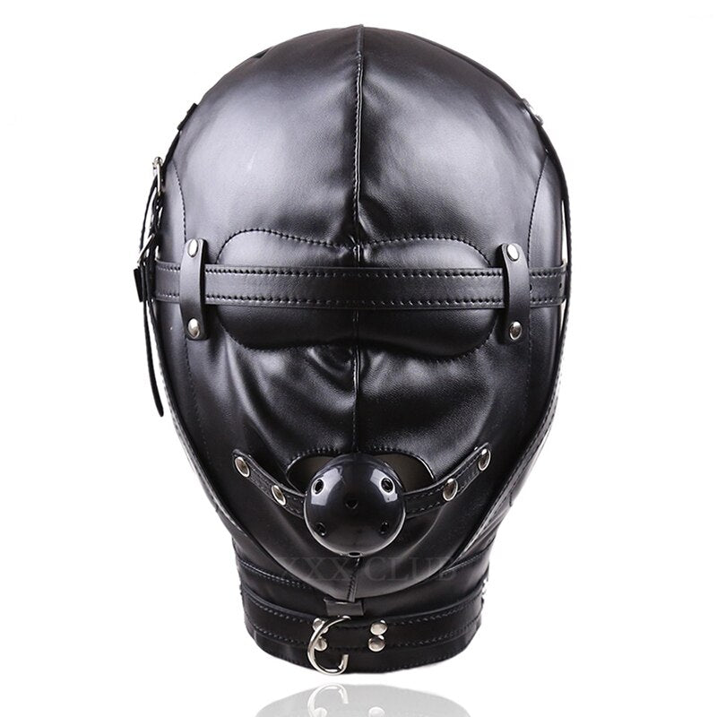 BDSM Full-Cover Head Harness Hood with Open Mouth Ball Gag: Leather Slave Headgear for Adult Sex Play - ChastityBondage