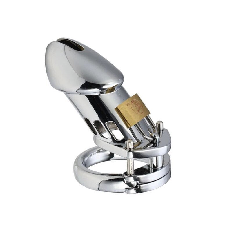 Male Chastity Device - Stainless Steel Chrome Plated Metal Cock Cage with Lock - KeepMeLocked