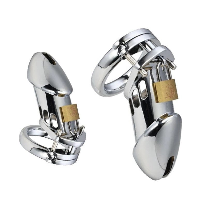 Male Chastity Device - Stainless Steel Chrome Plated Metal Cock Cage with Lock - KeepMeLocked