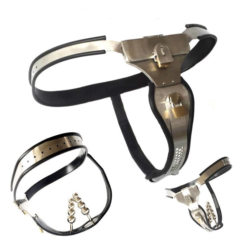 Women's Chastity Belt with Stainless Steel Shield and Anal Vaginal Plug Beads - ChastityBondage