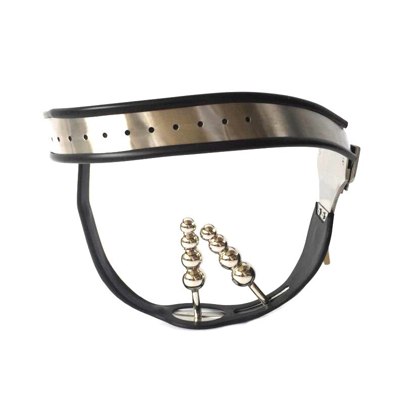 Women's Chastity Belt with Stainless Steel Shield and Anal Vaginal Plug Beads - ChastityBondage